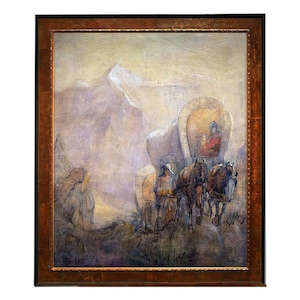 May include: A watercolor painting depicting a covered wagon train traveling through a mountain pass. The wagon is pulled by two horses and the painting features a muted color palette of blues, grays, and browns.