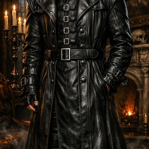 Abrigo gótico de cuero hecho a mano para hombre: gabardina negra estilo vampiro con hebillas vintage y cola dividida.