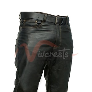 Mens Genuine Leather Biker Pants: 501 Style Rider Trousers