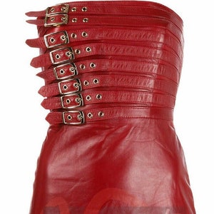 Womens Genuine Red Leather Sleeve Less Dress Coat Formal Dress Bodycon Cocktail Prom Top
