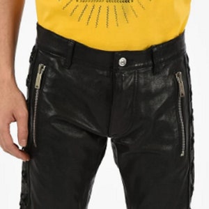 Mens Echte Zwarte Leren Broek Broek Biker Motorfiets Motor Broek Broek Zipper Jeans