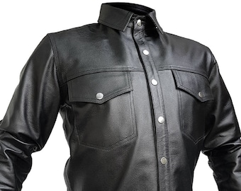 Mens Black Leather Shirt Police Style Shirt Military Shirt Genuine Leather Shirt BLUF