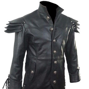 Mens Black Genuine Leather Trench Duster Coat Steampunk Gothic Long Coat Winter Jacket