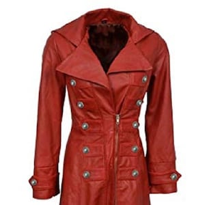 Damen Echt Rot Leder Trenchcoat Steampunk Gothic Duster Mantel Lange Winterjacke
