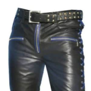 Mens Genuine Leather Pants Trousers Theme Wear Biker Trousers with Lacing Made to Order