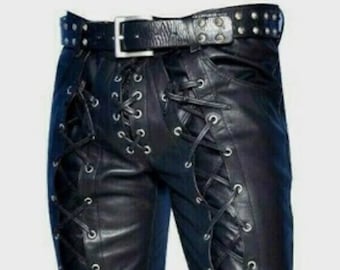 Mens Genuine Leather Pants Laced Trousers Theme Wear Biker Laces Trousers Made to Order