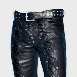 Mens Genuine Leather Pants Laced Trousers Theme Wear Biker Laces Trousers Made to Order