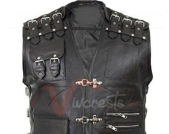Mens Black Leather Motorcycle Vest: Buckled Biker Waistcoat