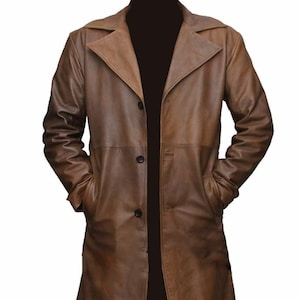 Mens Brown Waxed Genuine Leather Long Coat - Winter Trench