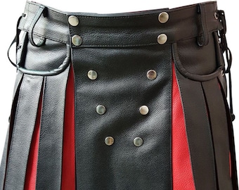 May include: A black leather kilt with red leather panels and silver metal accents. The kilt has a pleated design and a belt with a buckle.