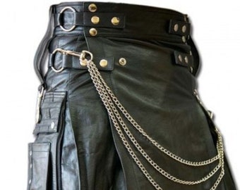 Mens Genuine Black Leather Scottish Kilts Warrior Traditional Kilts Utility Gothic Kilts LARP