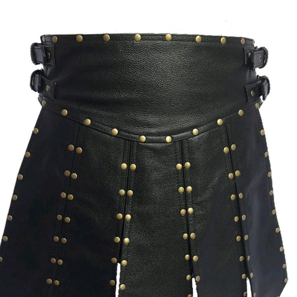 Mens Black Leather Scottish Kilt Warrior Traditional Kilt Gothic Kilts LARP Victorian