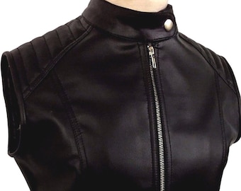 Womens Pure Black Leather Biker Vest Motorbike Motorcycle Vest Steampunk Trench Leather Vest