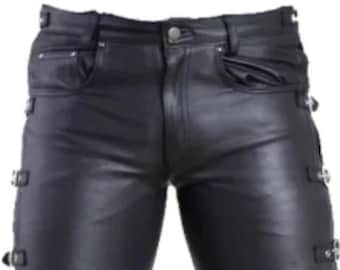 Mens Genuine Leather Biker Pants: Buckled Theme Wear Trousers