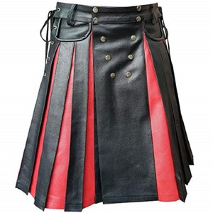 Mens Genuine Black and Red Leather Scottish Kilts Warrior Traditional ...