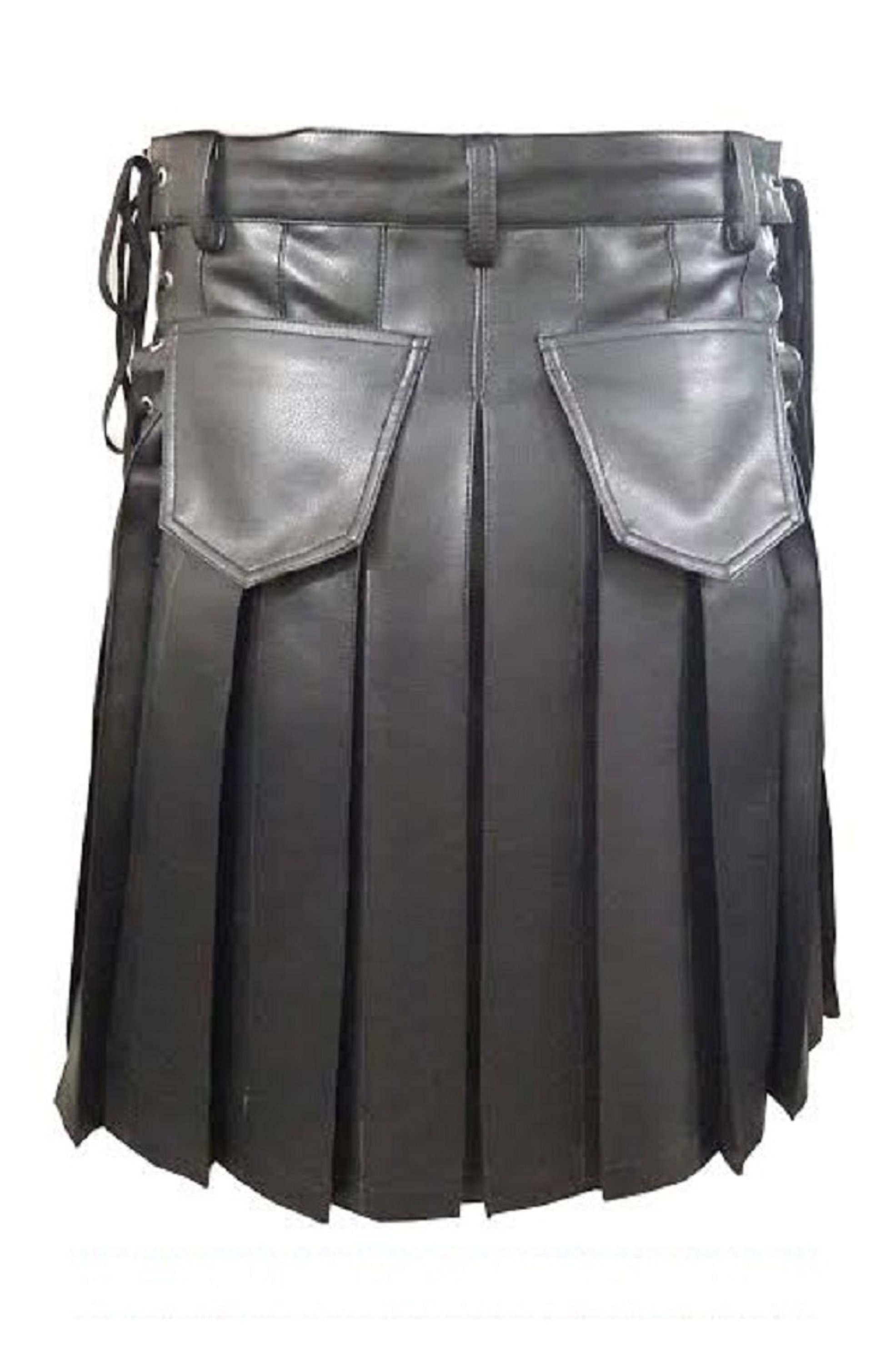 Mens Genuine Black Leather Scottish Kilts Warrior Traditional Kilts