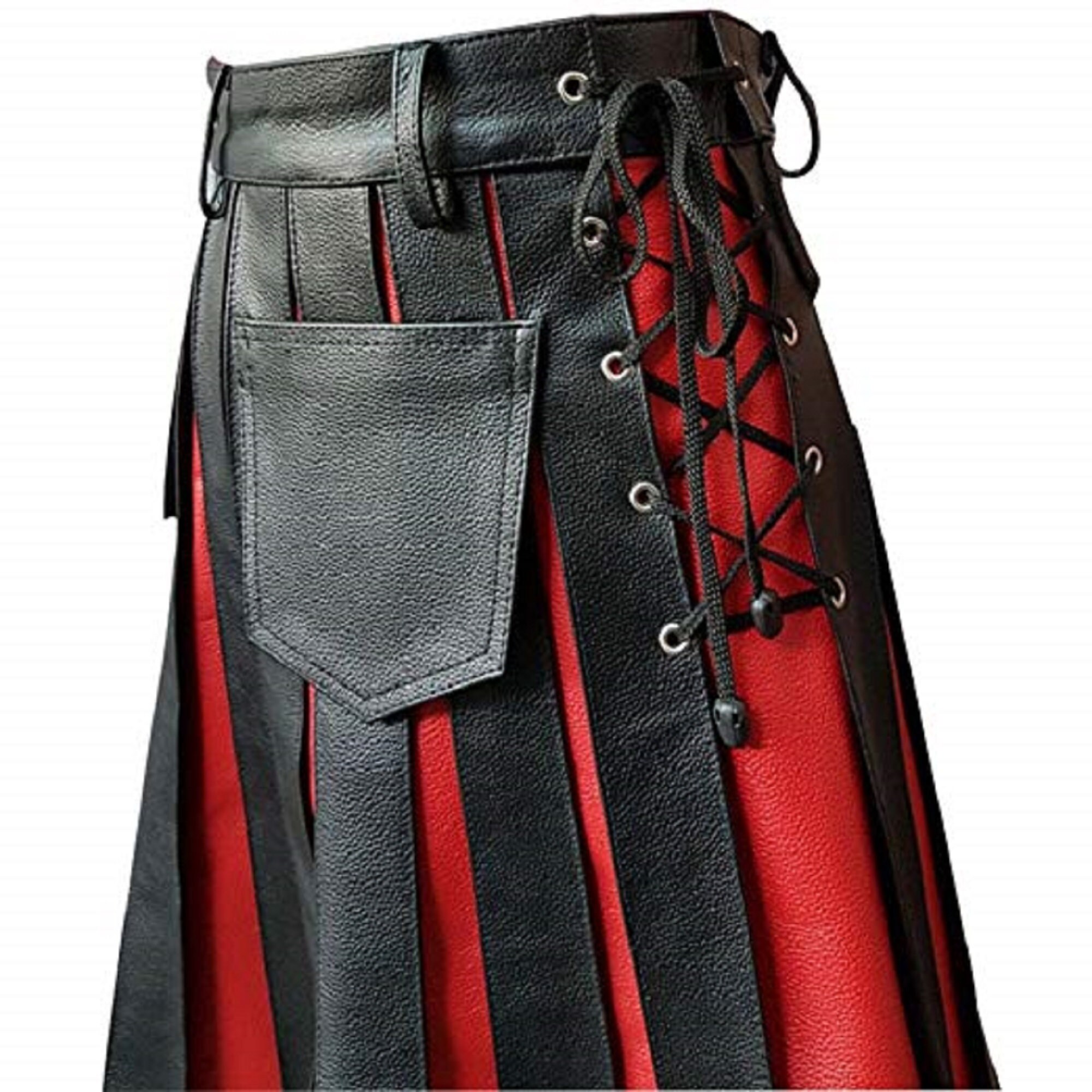 Mens Genuine Black and Red Leather Scottish Kilts Warrior Traditional