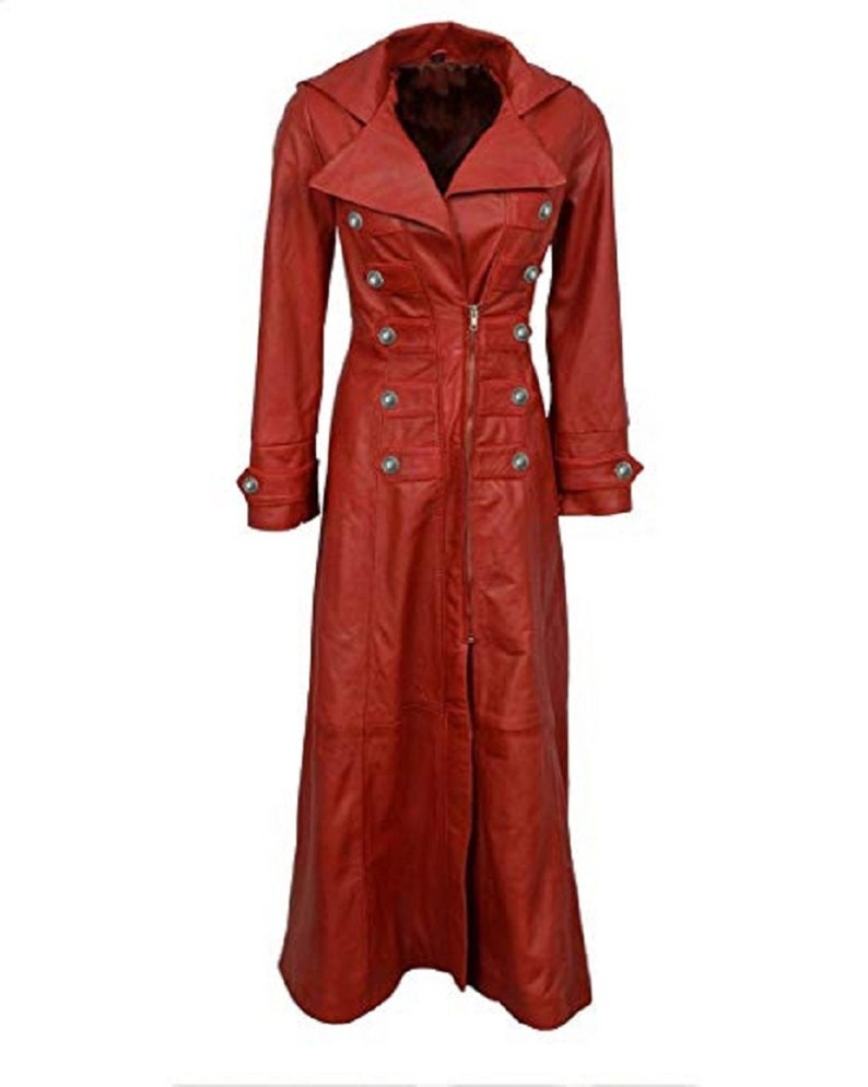 Womens Genuine Red Leather Trench Coat Steampunk Gothic Duster Etsy
