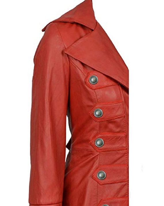 Womens Genuine Red Leather Trench Coat Steampunk Gothic