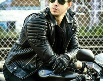 Mens Black Leather Jacket Biker Motorcycle Jacket Motorbike Rider Jacket Winter