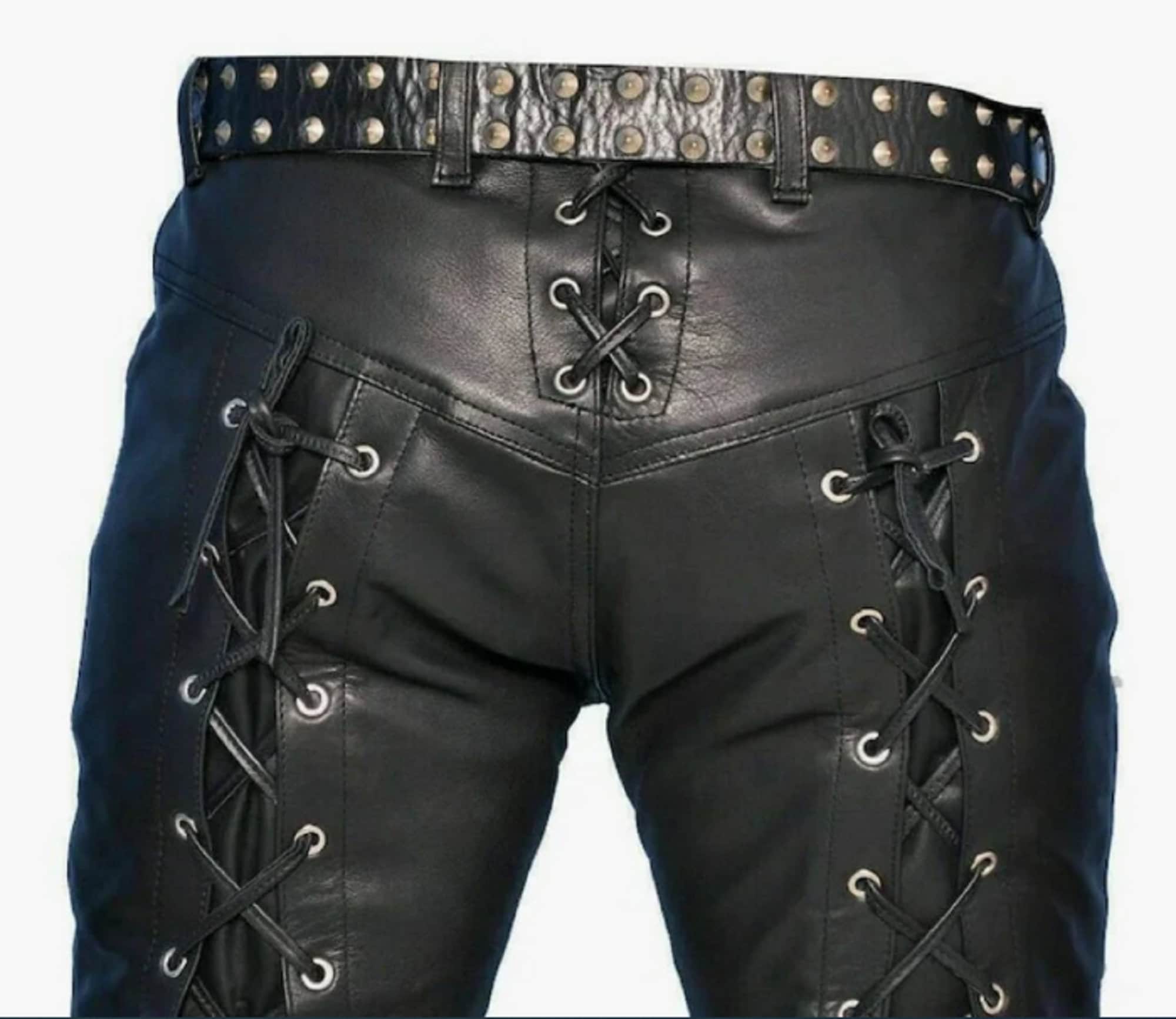 Mens Genuine Leather Pants Laced Trousers Theme Wear Biker Laces