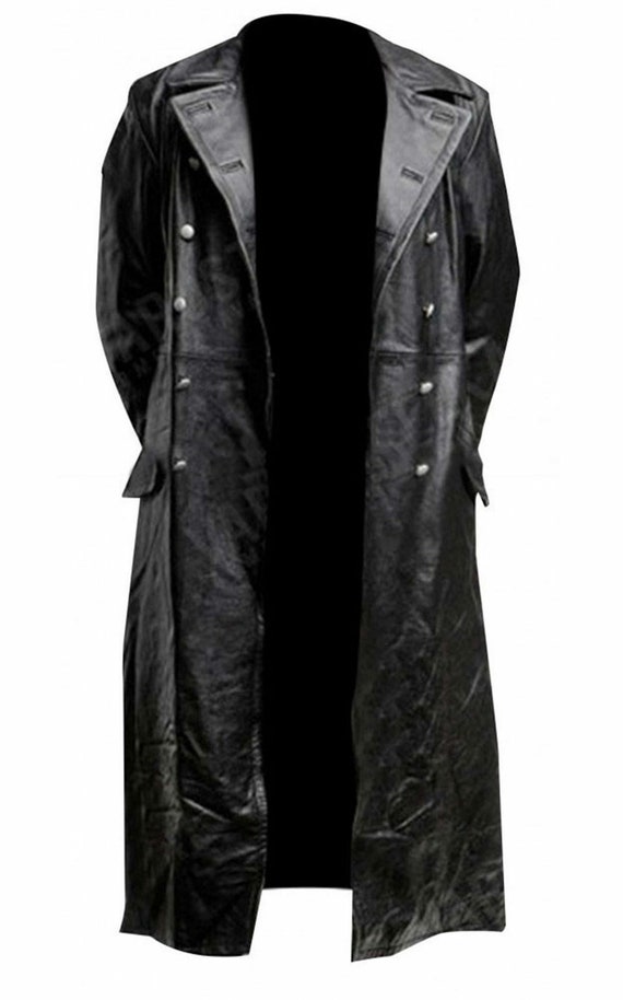 Mens Genuine Black Leather Trench Coat Steampunk Gothic Long Coat