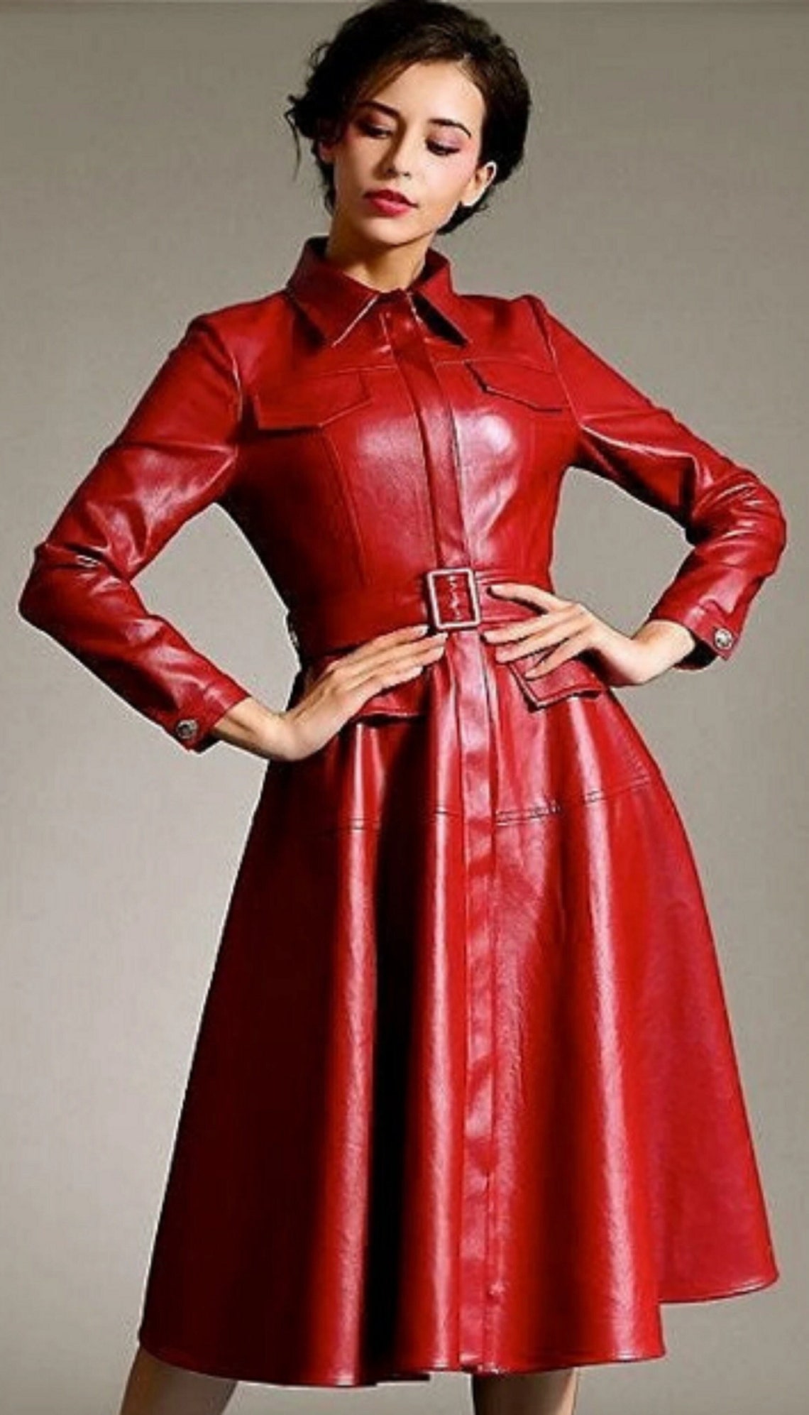 Womens Genuine Red Leather Trench Coat Steampunk Gothic Coat Winter ...