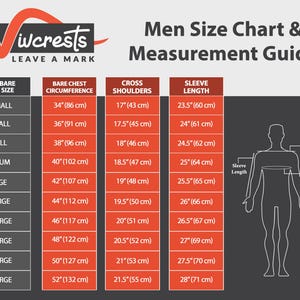 Puede incluir: Una tabla de tallas y gu&iacute;a de medidas Vivcrests con columnas para el tama&ntilde;o corporal, circunferencia del pecho, hombros y longitud de manga en pulgadas y cent&iacute;metros, junto a un diagrama de una figura humana.