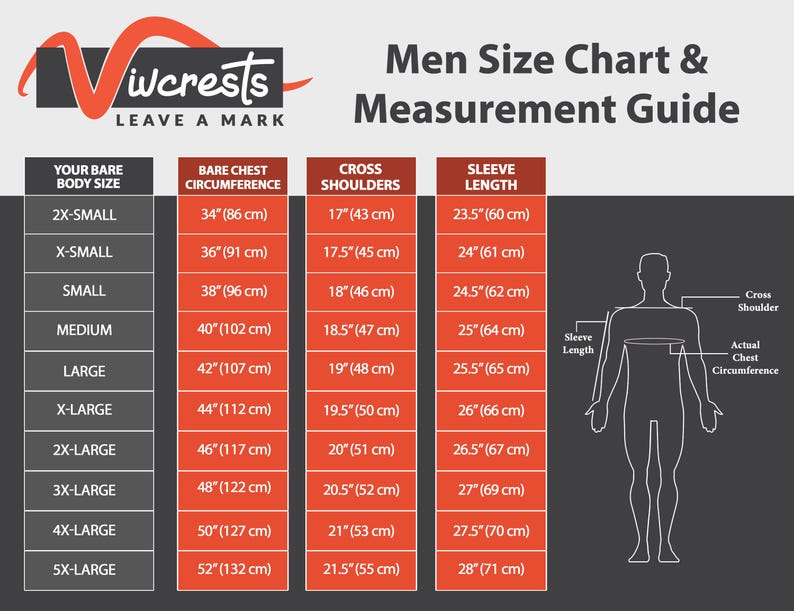 Puede incluir: Una tabla de tallas y gu&iacute;a de medidas Vivcrests con columnas para el tama&ntilde;o corporal, circunferencia del pecho, hombros y longitud de manga en pulgadas y cent&iacute;metros, junto a un diagrama de una figura humana.