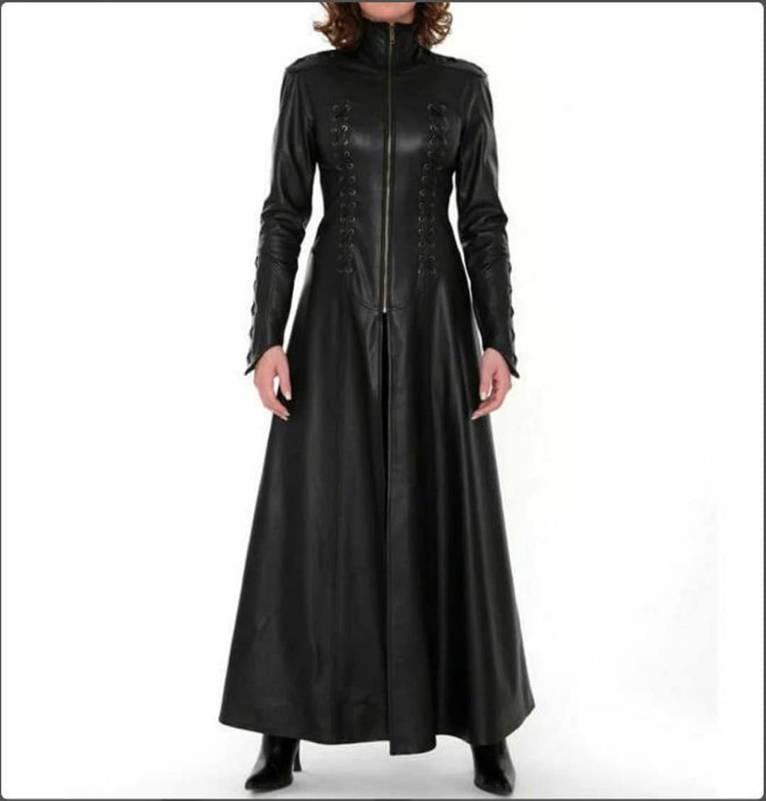 Ladies Black Leather Steampunk Style Trench Coat - T9 - BLK