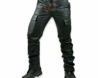 Mens Black Leather Cargo Pants – Genuine Cowhide Utility Trousers – Biker Streetwear with Side Pockets