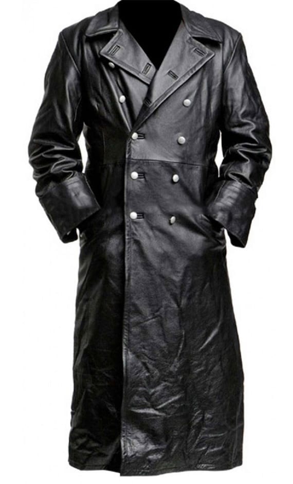 Mens Genuine Black Leather Trench Coat Steampunk Gothic Long Coat