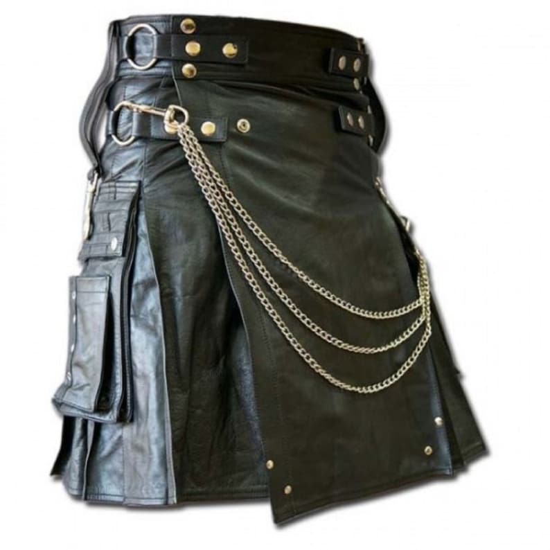 May include: Black leather kilt with multiple pockets, silver chain accents, and a studded belt.