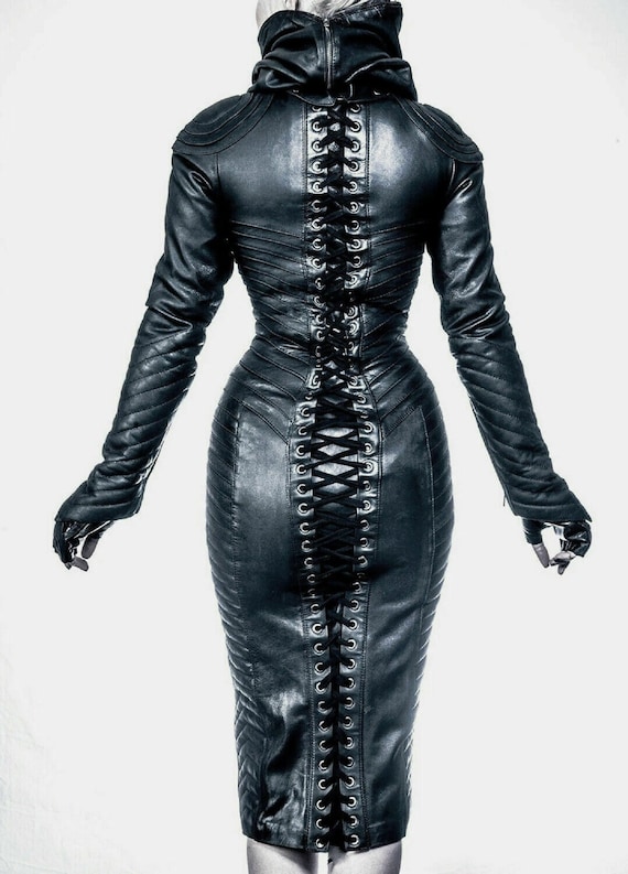 Womens Pure Leather Black Bodysuit Coat Steampunk Dress Gothic Halloween Costume