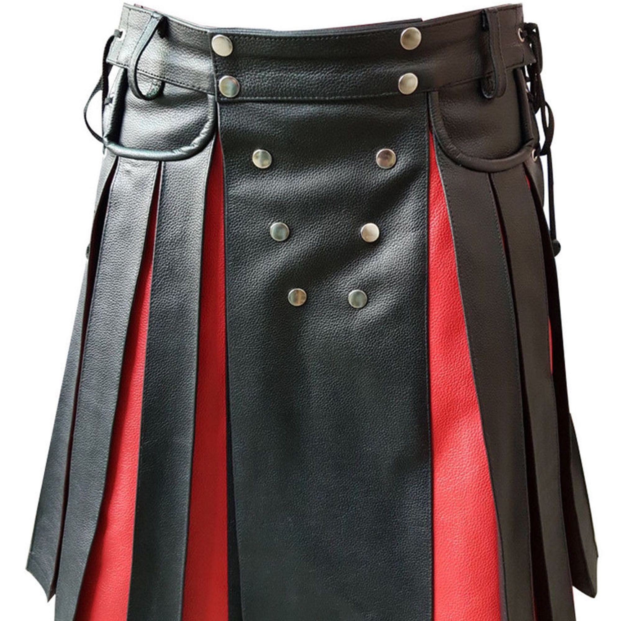 Mens Genuine Black and Red Leather Scottish Kilts Warrior Traditional Kilts Utility Gothic Kilts BLUF