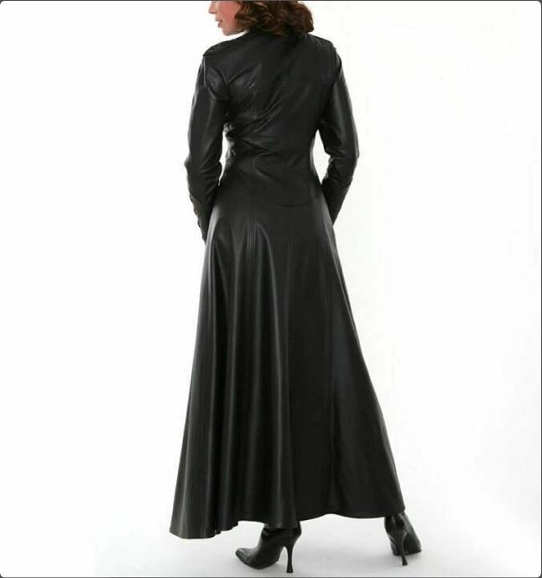 Women Black Leather Steampunk Style Trench Coat - T14 - BLK