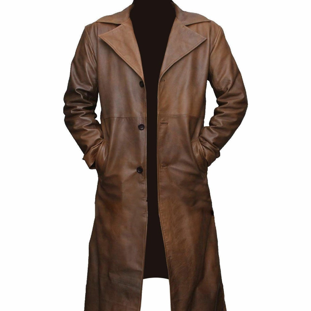 Buy Mens Brown Waxed Genuine Leather Long Coat Winter Trench Online in  India