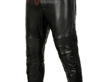 Mens Real Cowhide Leather Biker Pants: Quilted Panels