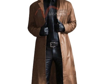 Retro Trench Coat Men Real Leather Long Jacket Full Length