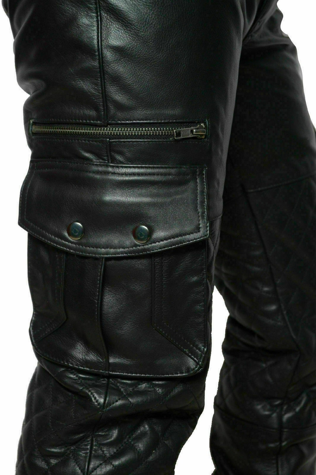 Mens Genuine Leather Cargo Pants Trousers Biker Trousers Quilted
