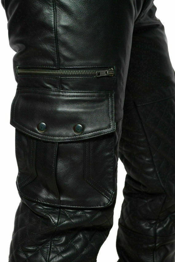 VivCrests Mens Genuine Leather Cargo Pants Trousers Biker Trousers Quilted 6 Pocket Made to Order