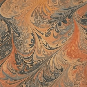 May include: Abstract pattern with swirling, marbled design. The color palette includes shades of orange, tan, gray, and black, creating a dynamic and textured visual effect. The design is reminiscent of handmade paper or fabric.