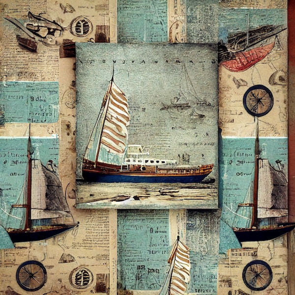 Vintage Nautical Salvage inspired digital background papers / scrapbooking / junk journal / ships / boats / gauges / patterned paper