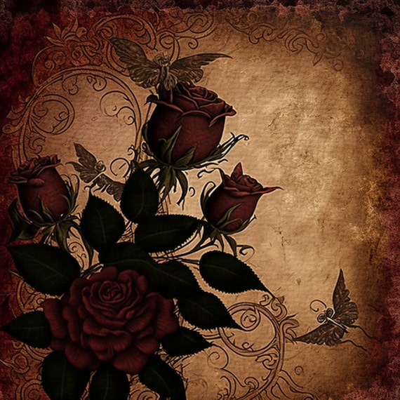 A4 Vintage Gothic Roses Digital Background Paper / Junk