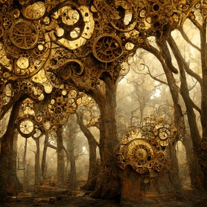 Steampunk inspired Forest taking over terrestrial ecosystem digital background paper / junk journal / scrapbooking / cardmaking image 1