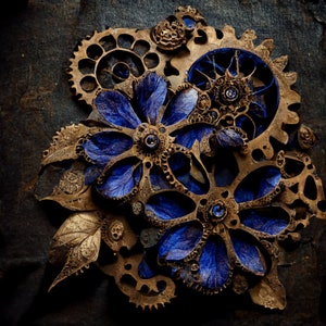 Steampunk / Gothic Hintergrundpapier mit rostigen Zahnrädern und Blumen digital / Post Apocalyptisch / mechanisch / Junk Journal / Scrapbooking / Karten
