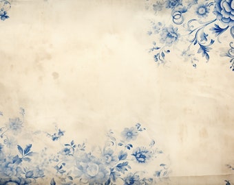 Vintage Delft inspired digital background paper / junk journal / scrapbooking / cardmaking / blue / floral / landscape / stained paper