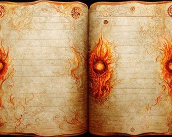 Vintage Fire Grimoire Open Book: Witchcraft Digital Paper (A4)