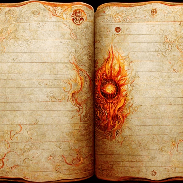 Vintage Fire Grimoire digital background papers - open book  / junk journal / scrapbooking / cardmaking / spell writing / witch / wicca /A4