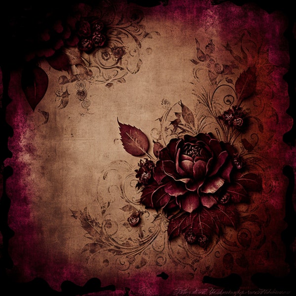 Vintage Gothic Roses and raven digital background paper / junk journal / scrapbooking / dark red / dark / burgundy / flowers / floral